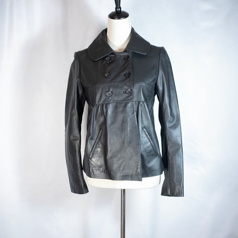 Kenar Womens Genuine Leather High Waist Double Breasted Jacket Black Size 4